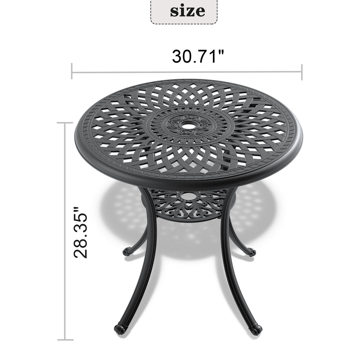 Ø30.71-inch Cast Aluminum Patio Dining Table With Black Frame and Umbrella Hole - V.I.P Digital Presence