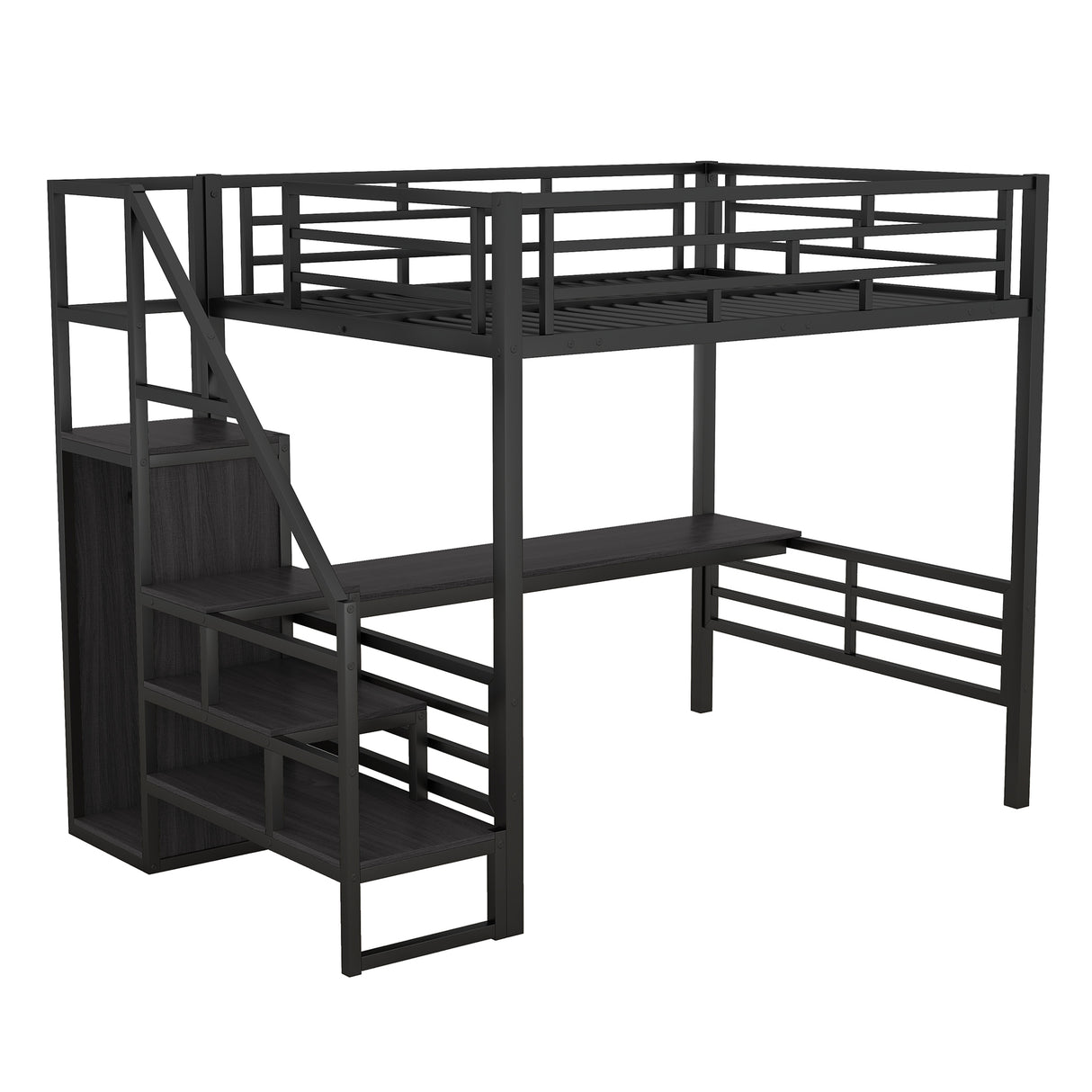 Full Size Metal Loft Bed with Desk, Storage Staircase and Small Wardrobe, Storage stairs can be installed left and right,Black - V.I.P Digital Presence