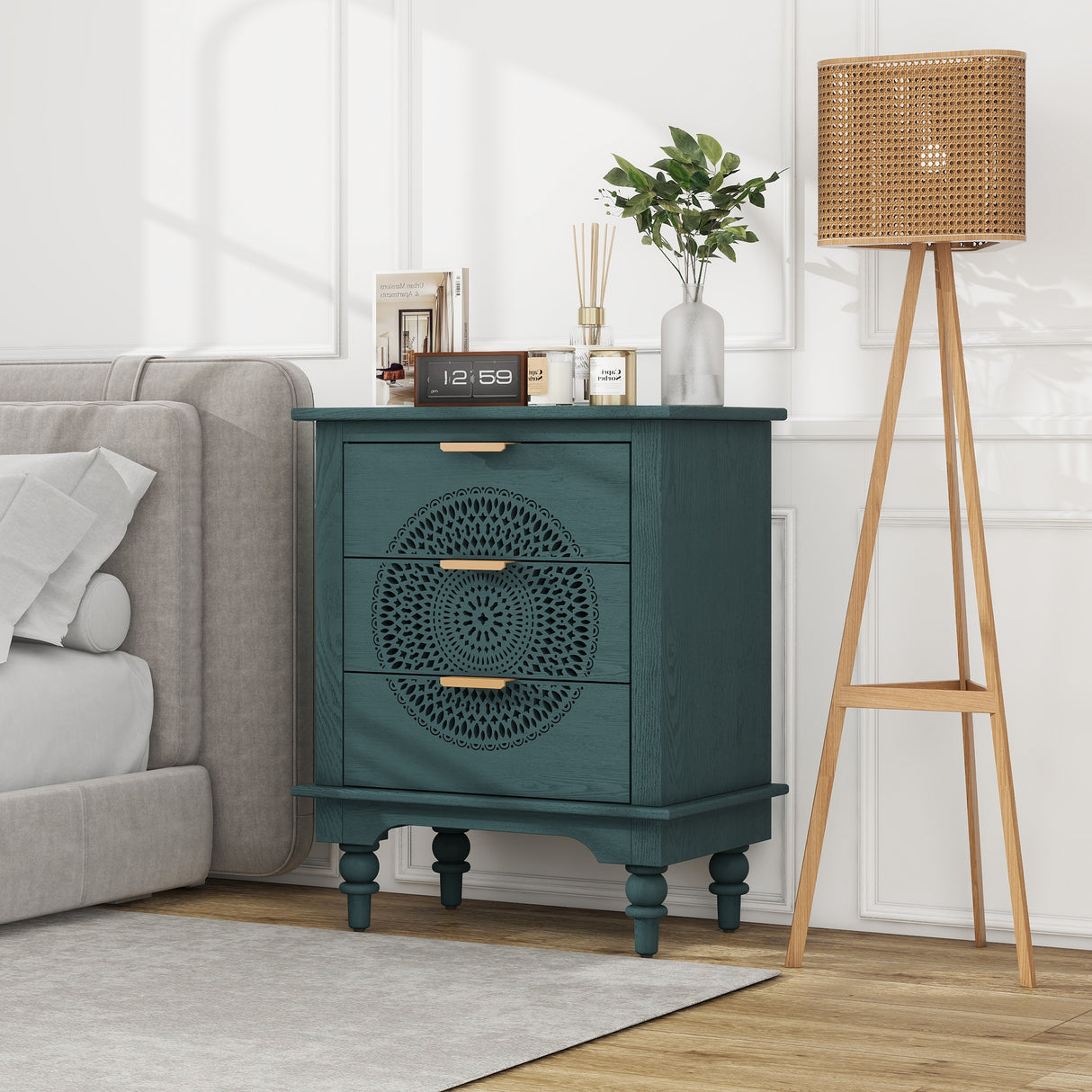 Hollow-Carved 3 Drawer Dresser Storage Chest with Metal Handles For Living Room Bedroom - V.I.P Digital Presence