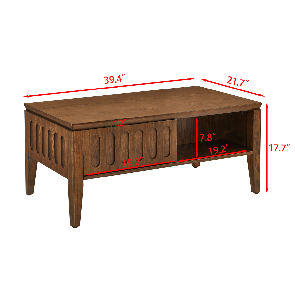 Medieval modern flute coffee table with storage sliding door and solid wood legs, vintage farmhouse wood central table - V.I.P Digital Presence