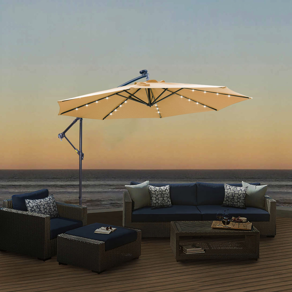 10 FT Solar LED Patio Outdoor Umbrella Hanging Cantilever Umbrella Offset Umbrella Easy Open Adustment with 32 LED Lights -taupe - V.I.P Digital Presence