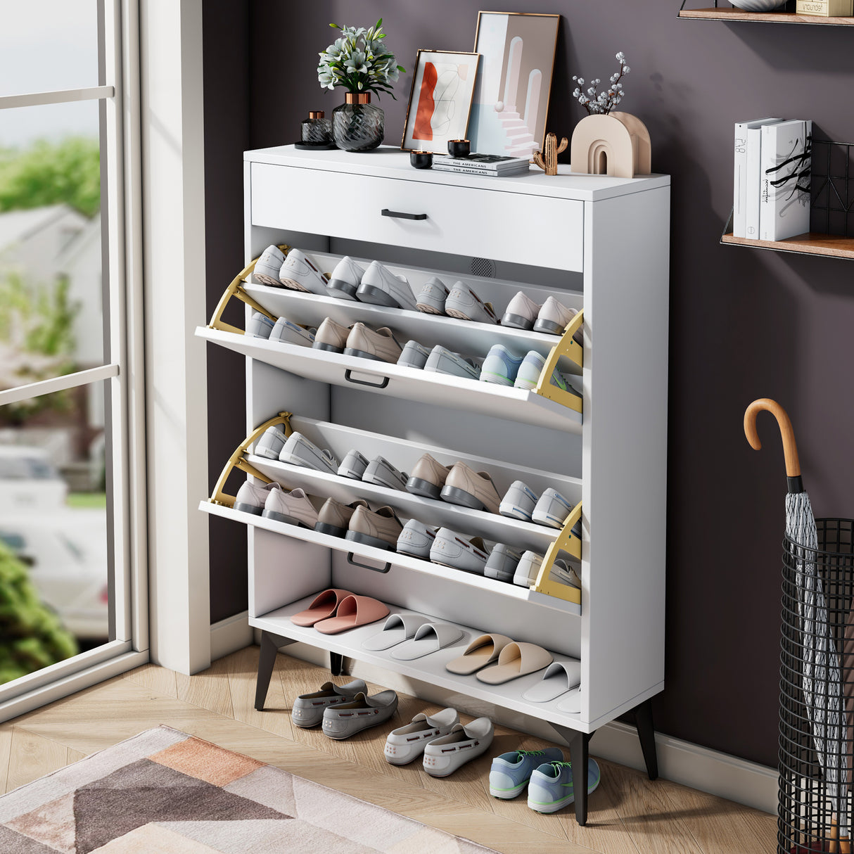Shoe Cabinet , Shoe storage shelves, metal leg, White - V.I.P Digital Presence