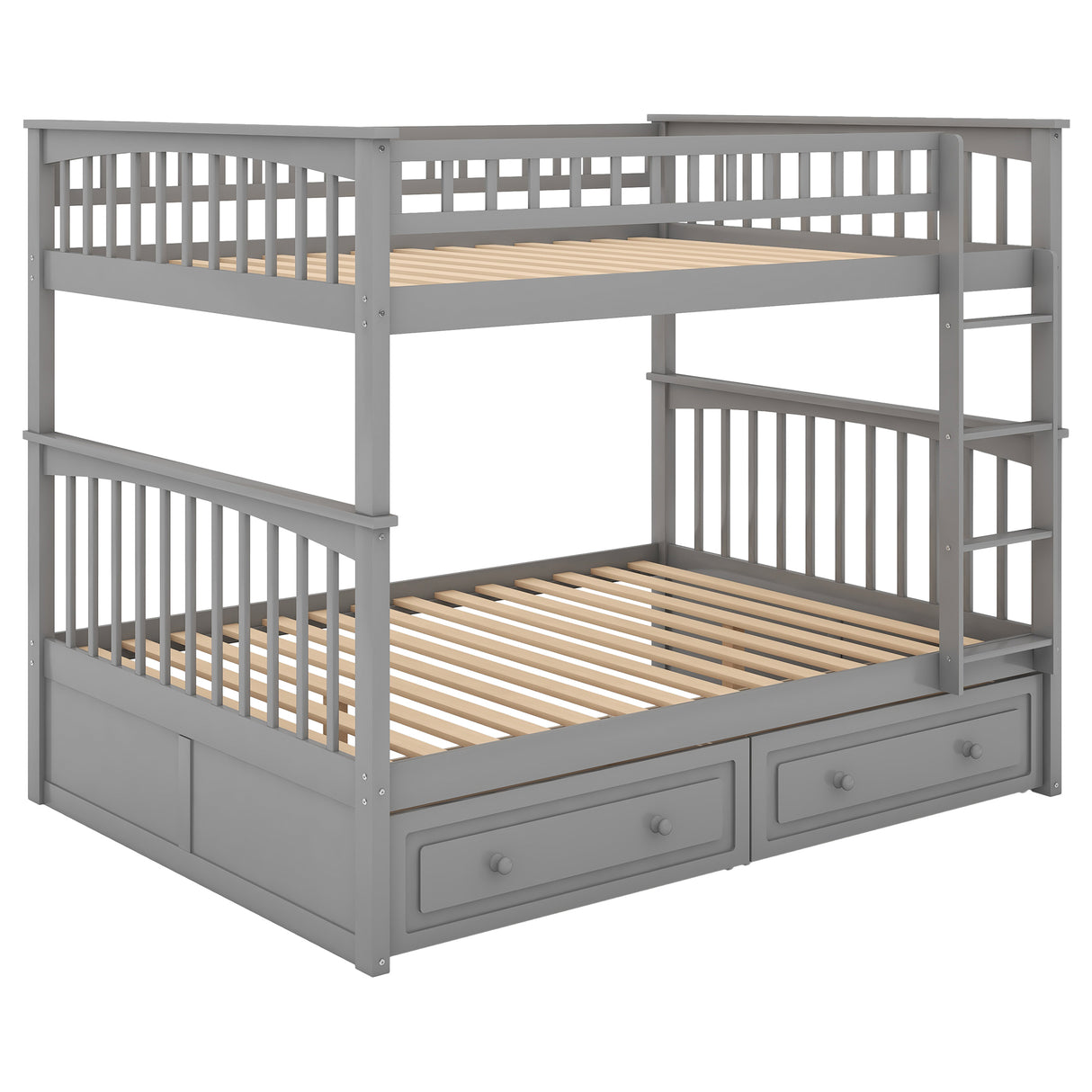 Full over Full Bunk Bed with Drawers, Convertible Beds Gray
