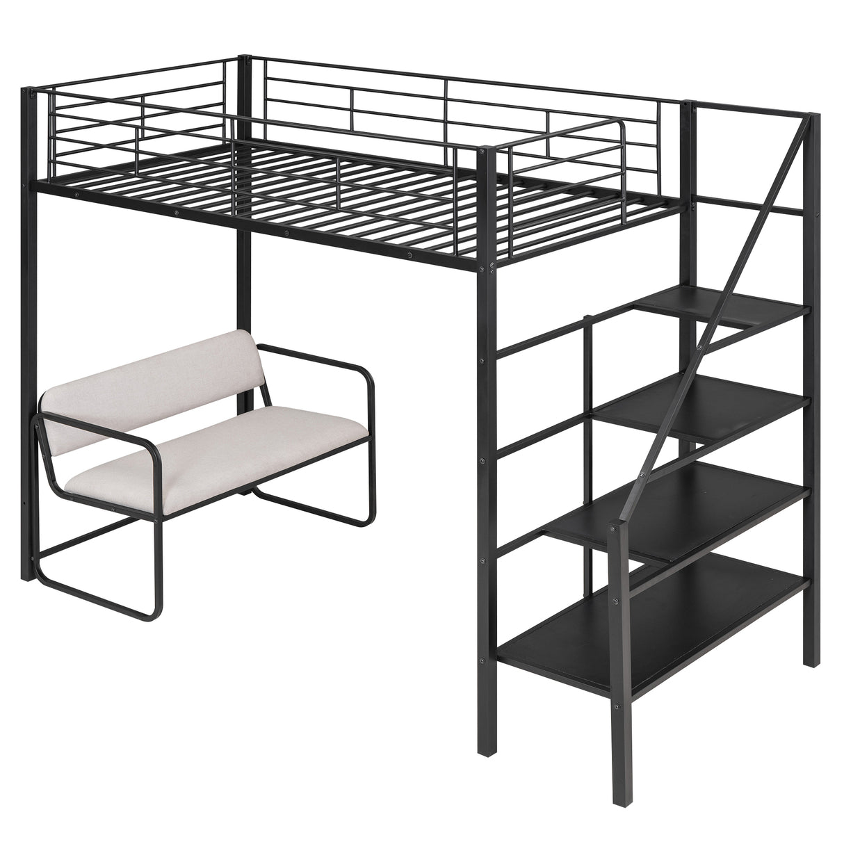 Twin Size Metal Loft Bed with Bench and Storage Staircase Black