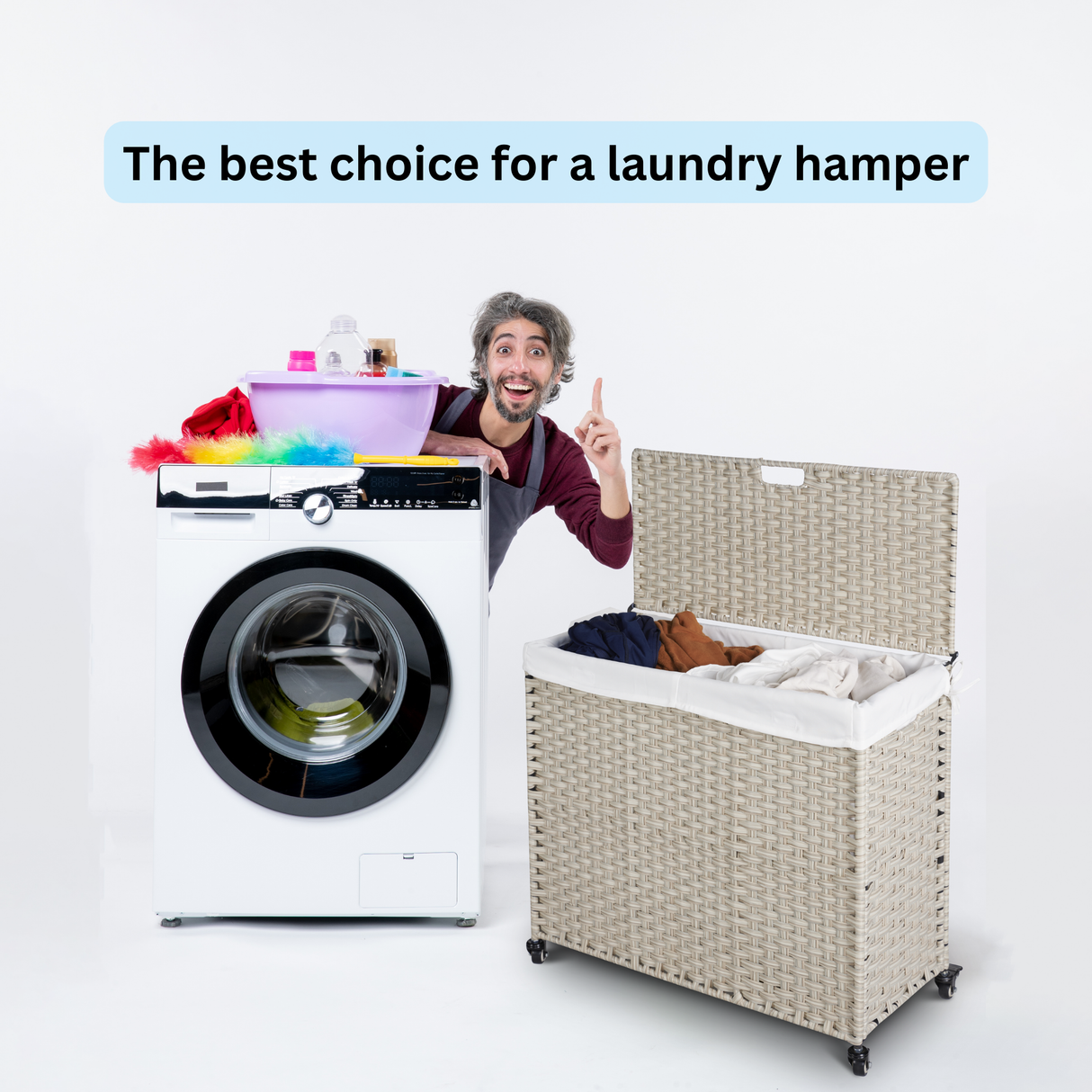 Laundry Hamper With Lid PE Rattan Powder Coating Frame Clothes Hampers with 02 Removable Bags, Wheels, 160L, Grey Color - V.I.P Digital Presence