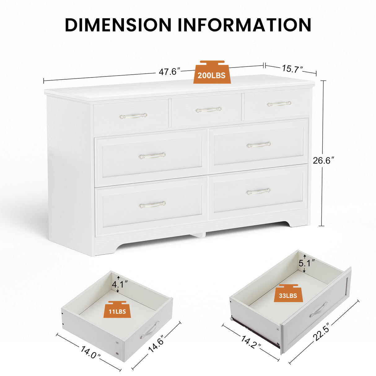 Modern 3 Drawer Bedroom Chest of Drawers with 7 Drawers Dresser Clothes Organizer -Metal Pulls White, 47.6″L x 15.7″W x 26.6″H - V.I.P Digital Presence