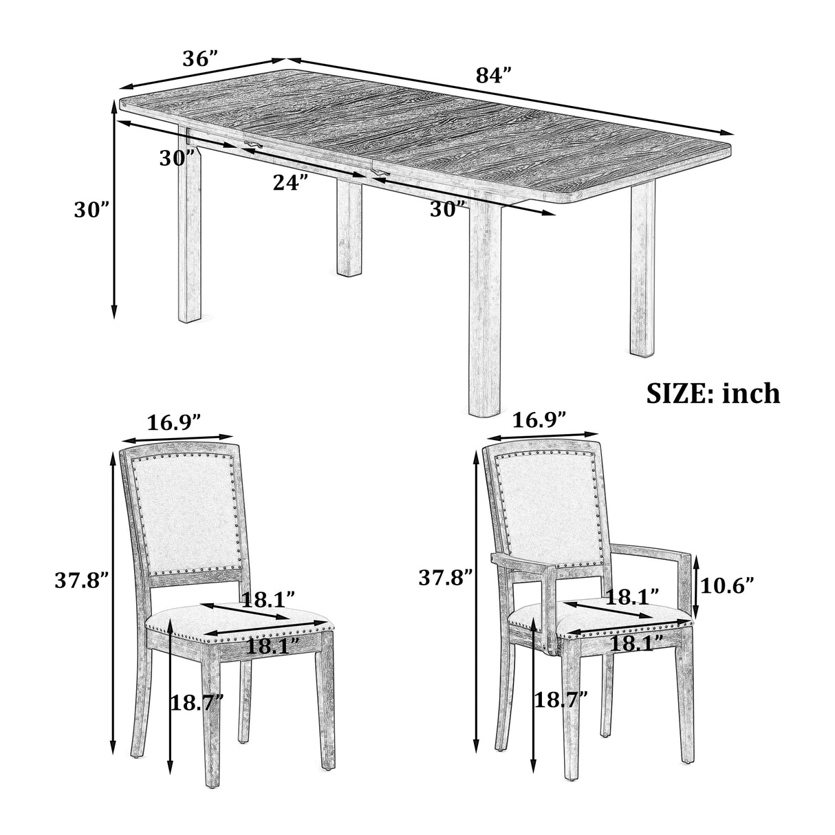 TOPMAX expandable 84 inch dining table set with 24 inch detachable leaves, 6 armless chairs and 2 armchairs 9 pieces natural