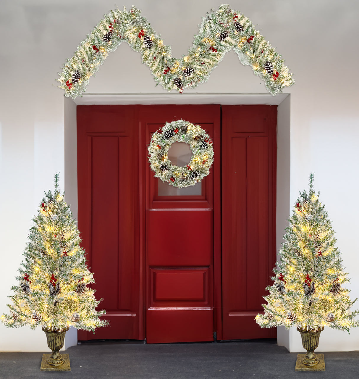 Pre-lit Xmas Tree Artificial Christmas 4-Piece Set,Garland, Wreath and Set of 2 Entrance Trees X-mas - V.I.P Digital Presence