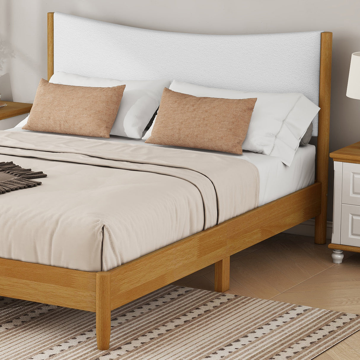 Queen Size Rubber Wooden , Solid Wooden Bed with Teddy Velvet Cushion Upholstered Headboard, Enhanced by Support Feet - V.I.P Digital Presence