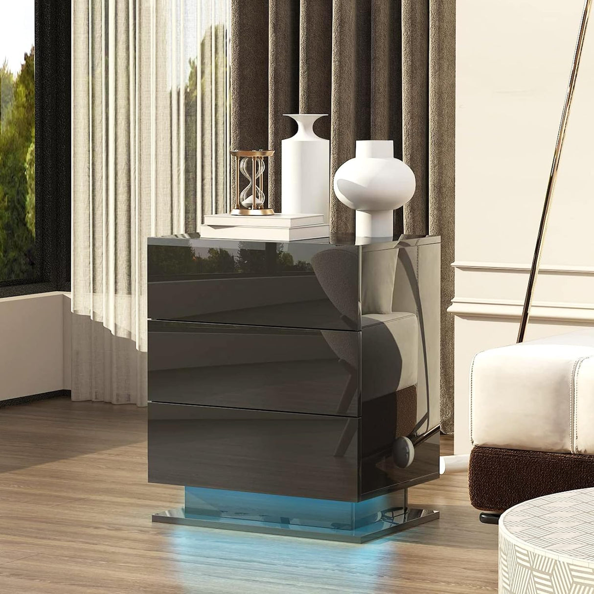 Nightstand with 3 Storage Drawers,Led Lights, End Table for Bedroom Furniture - V.I.P Digital Presence