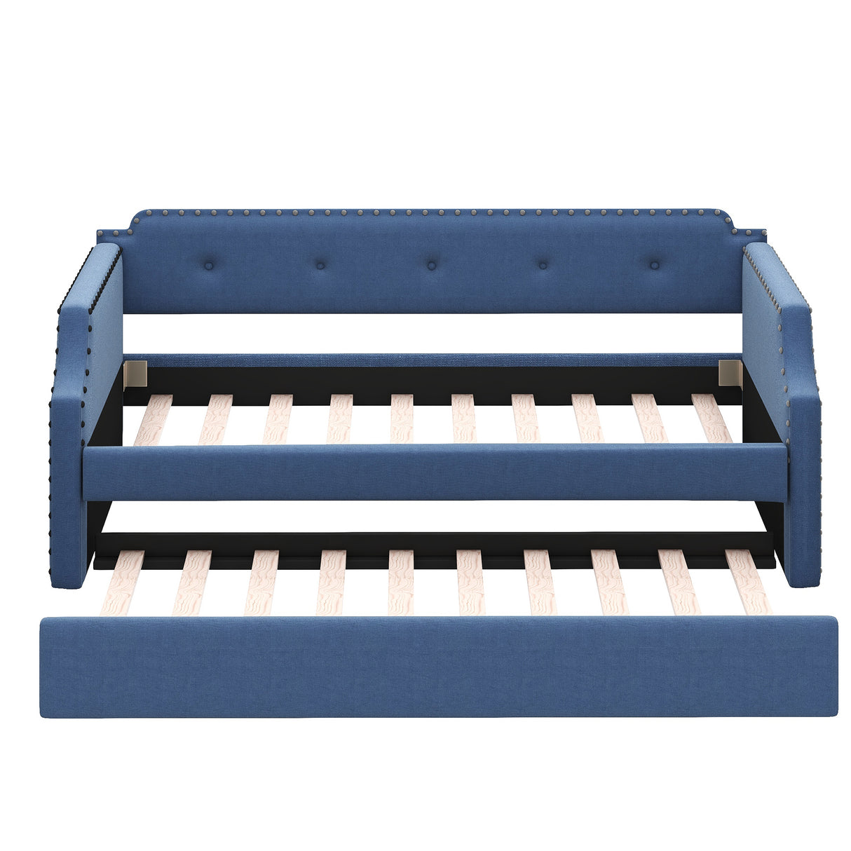 Upholstered Daybed with Trundle, Wood Slat Support,Upholstered Frame Sofa Bed Twin Blue - V.I.P Digital Presence