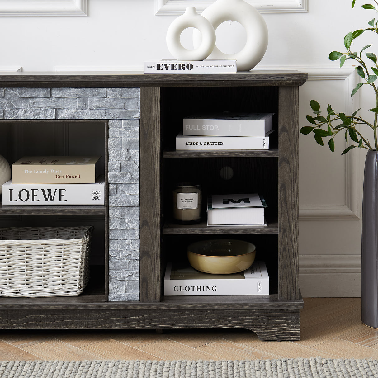 Mantel Stone modern entertainment console, manually stacked stone surrounds open storage space, gray - V.I.P Digital Presence