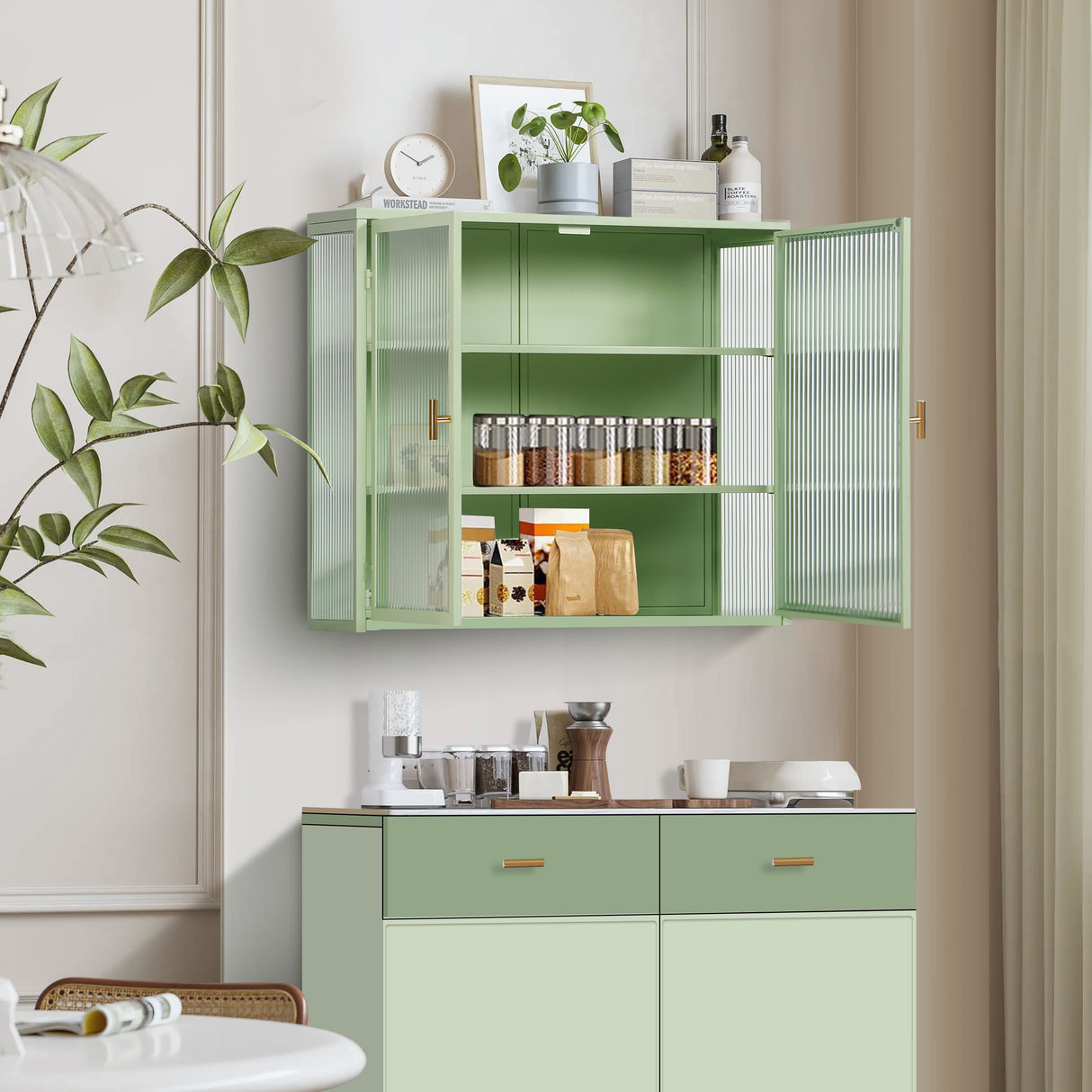27.56"Glass Doors Modern Two-door Wall Cabinet with Featuring Three-tier Storage Mint Green