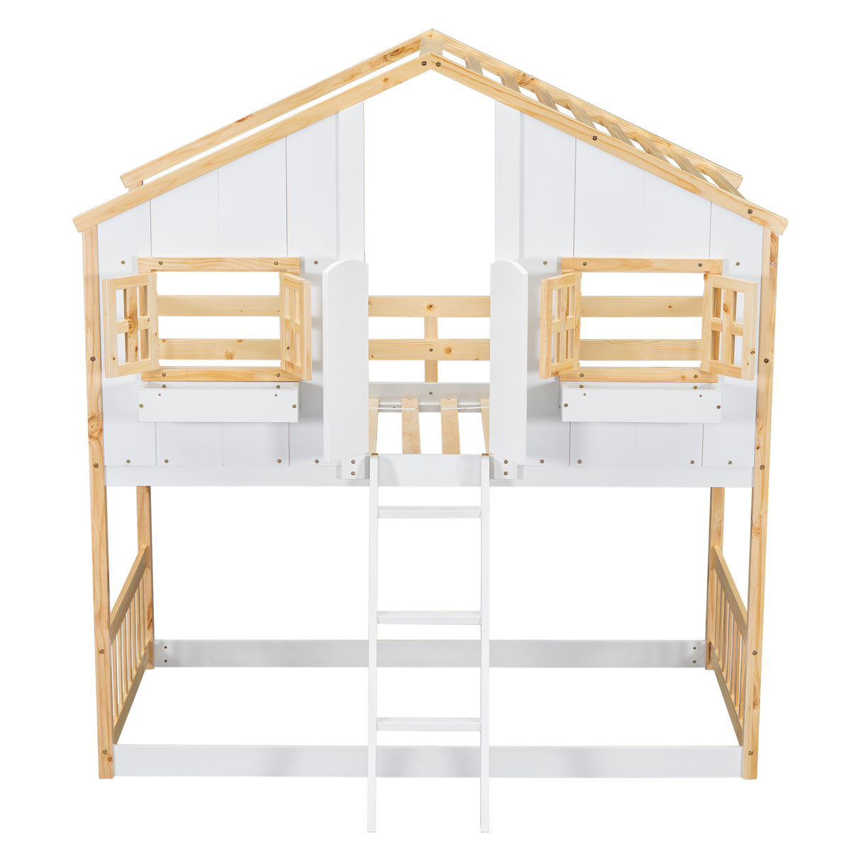 Twin over Twin House Bunk Bed with Roof , Window, Window Box, Door , with Safety Guardrails and Ladder, Natural/White - V.I.P Digital Presence