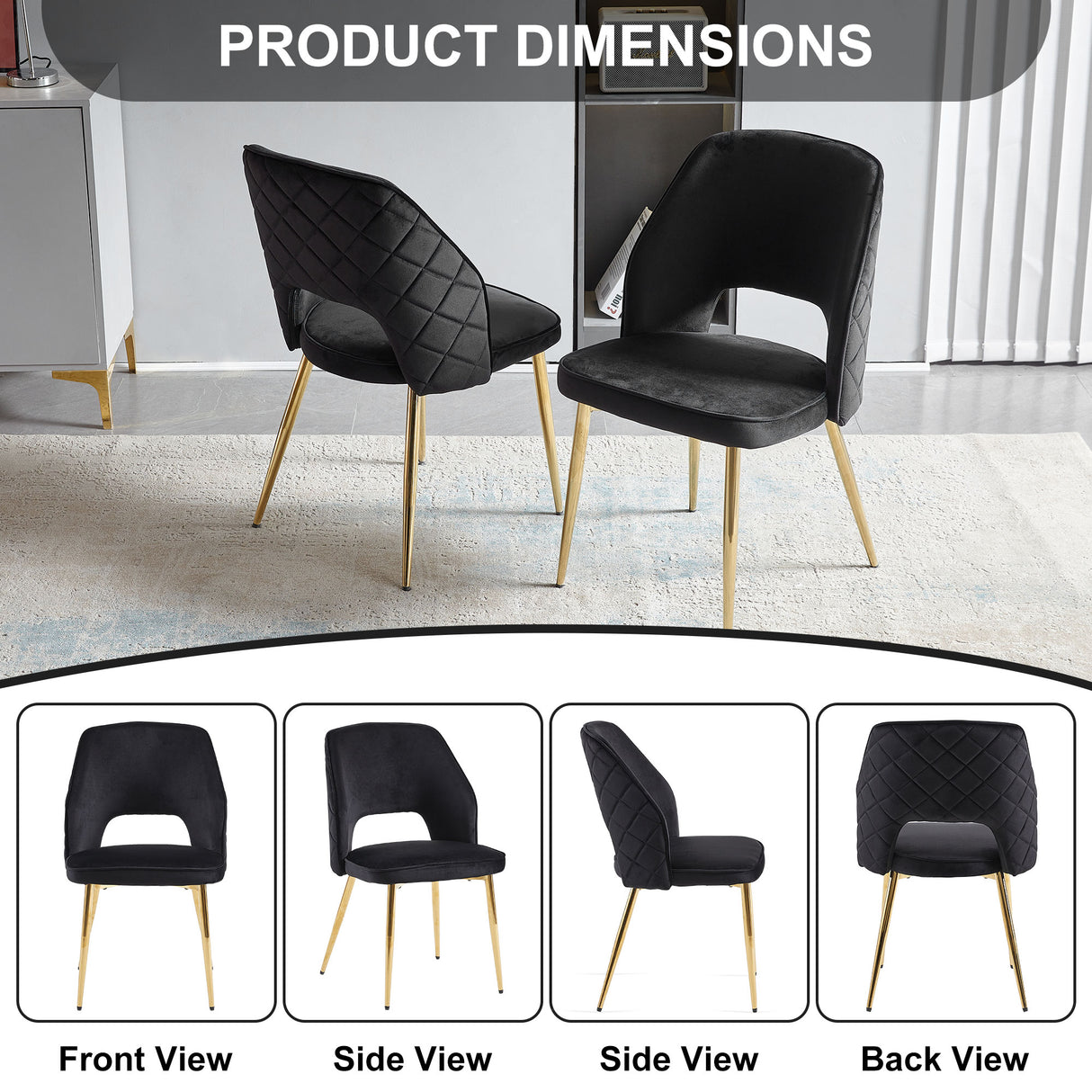 Black Velvet Dining Chairs with Metal Legs and Hollow Back Upholstered Dining Chairs Set of 4 - V.I.P Digital Presence