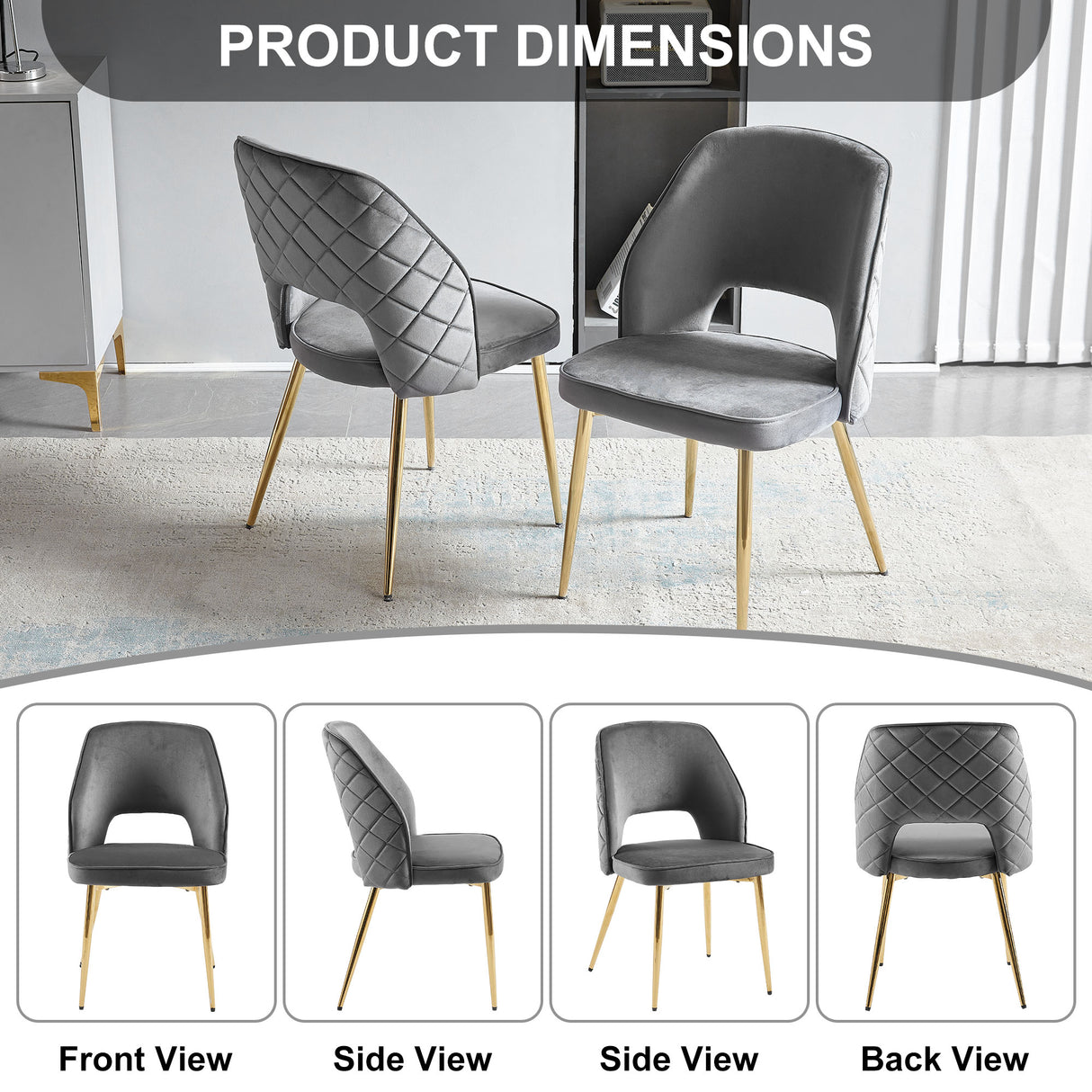 Gray Velvet Dining Chairs with Metal Legs and Hollow Back Upholstered Dining Chairs Set of 4 - V.I.P Digital Presence