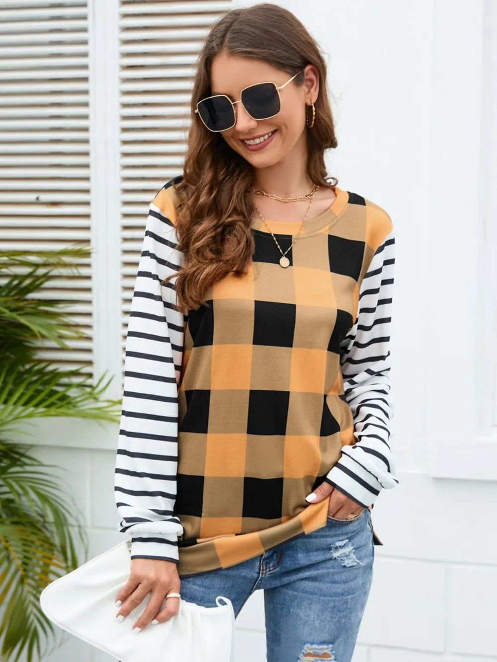 Plaid Striped Round Neck Long Sleeve T-Shirt - V.I.P Digital Presence