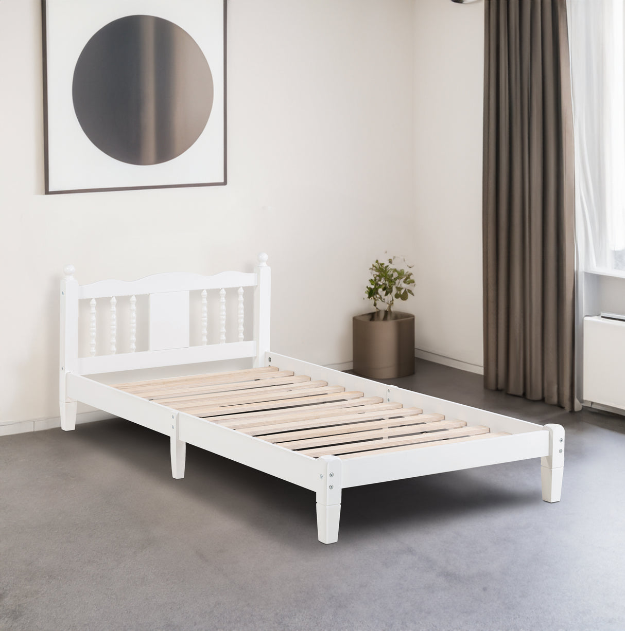 Twin Bed with Column-Decoration Headboard, with Bed Slats,White - V.I.P Digital Presence