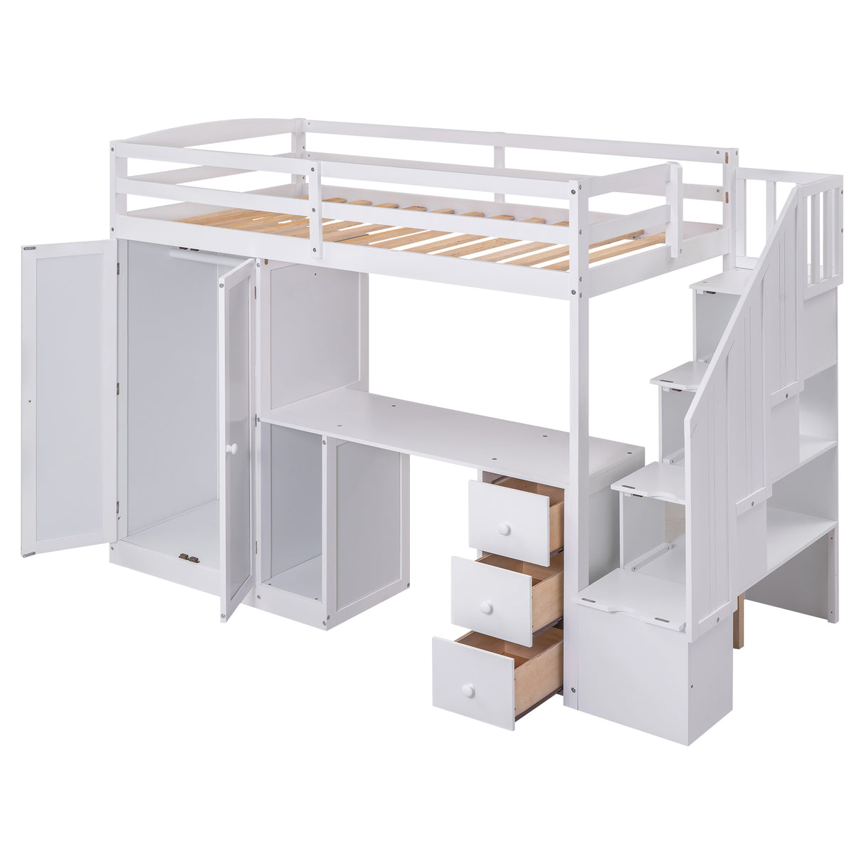 Twin Size Loft Bed with Wardrobe and Staircase, Desk and Storage Drawers and Cabinet in 1 White