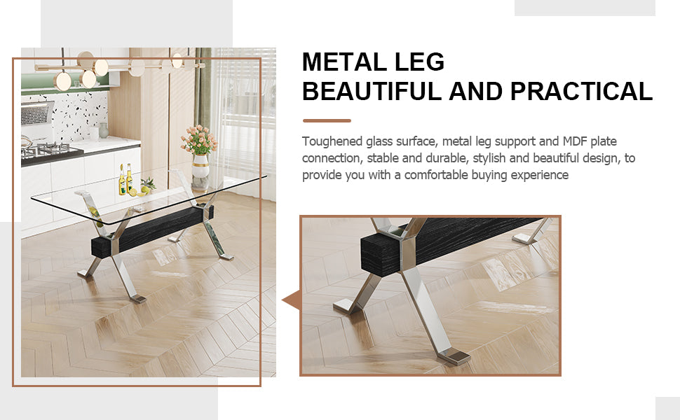 Dining table Modern tempered glass dining table Large modern office desk with silver plated metal legs and MDF crossbars - V.I.P Digital Presence