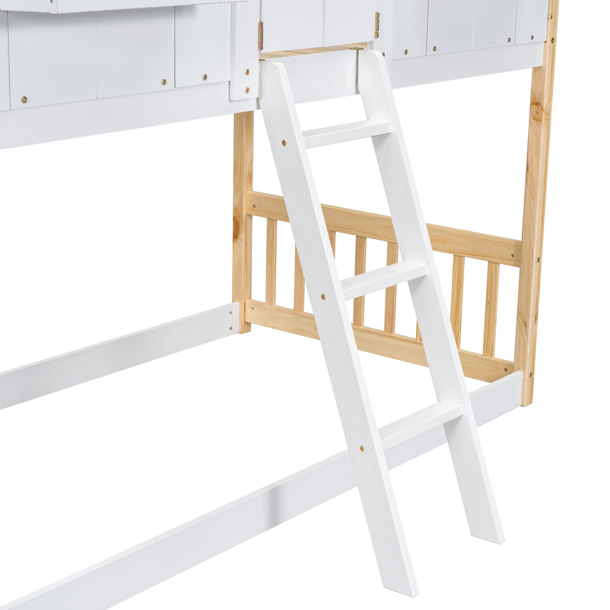 Twin over Twin House Bunk Bed with Roof , Window, Window Box, Door , with Safety Guardrails and Ladder, Natural/White - V.I.P Digital Presence