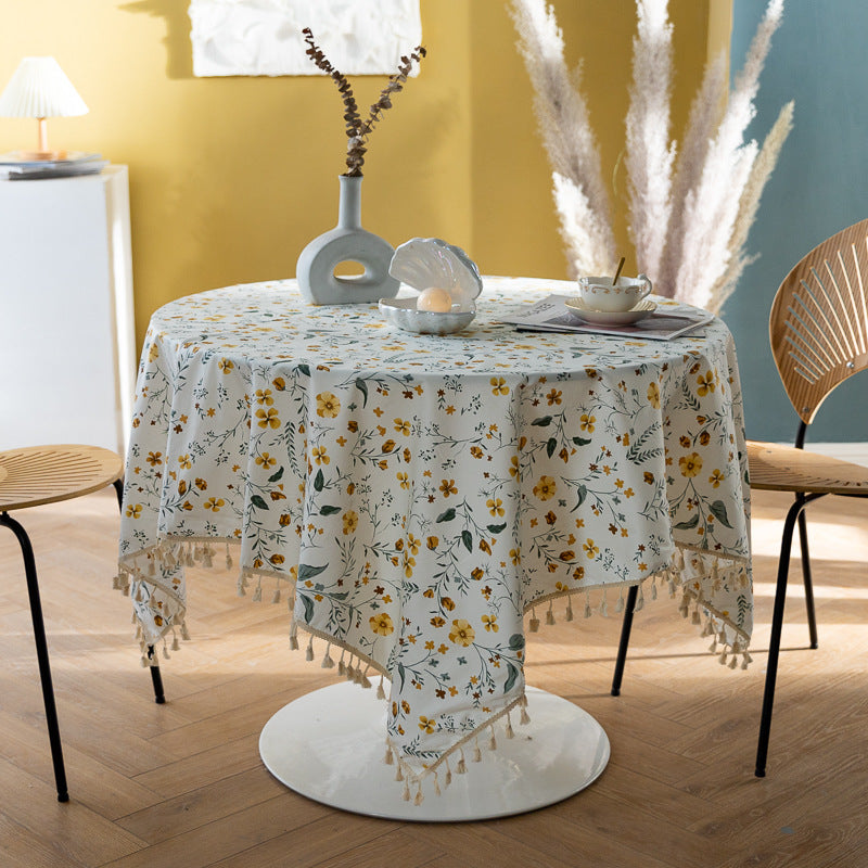 Pure Cotton Literary Nordic Japanese Tassel Tablecloth Printing Cover Towel Broken Flower Rectangular Tablecloth