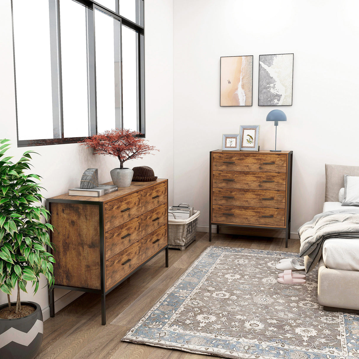 Industrial Style 6 Drawer Double Dresser Rustic Brown Wood Storage Dresser Clothes Organizer with Sturdy Steel Frame - V.I.P Digital Presence