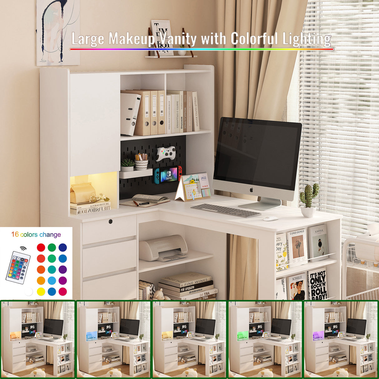 L-shaped office desk with charger, bookshelf with drawers and LED lights, and corner gaming computer desk with storage space - V.I.P Digital Presence