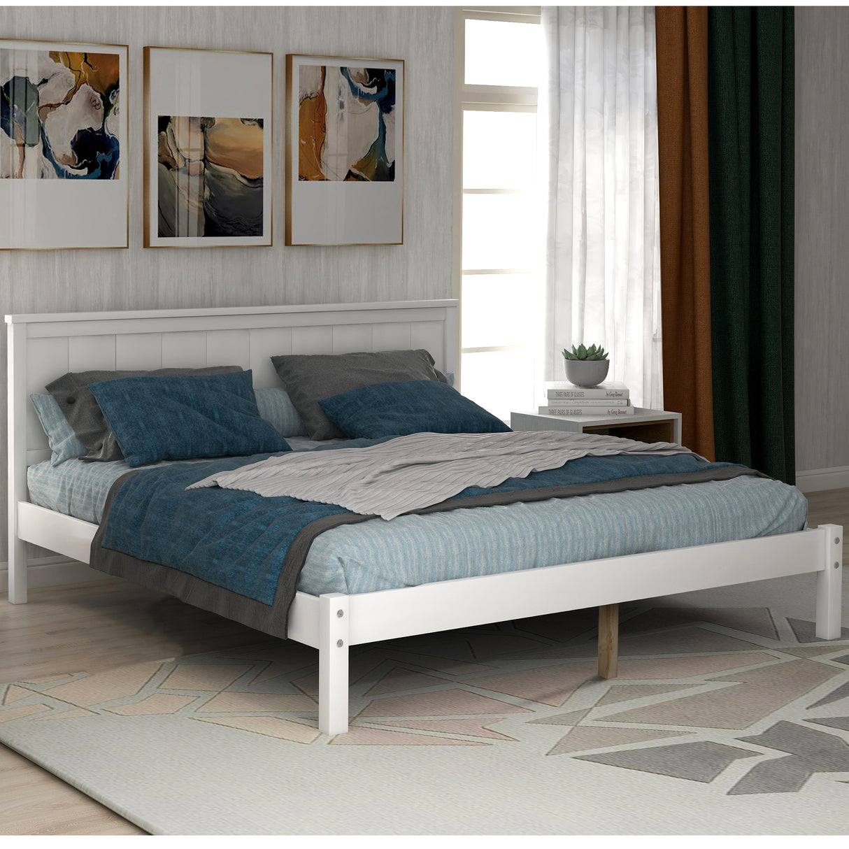 Platform Bed Frame with Headboard Wood Slat Support No Box Spring Needed Full White