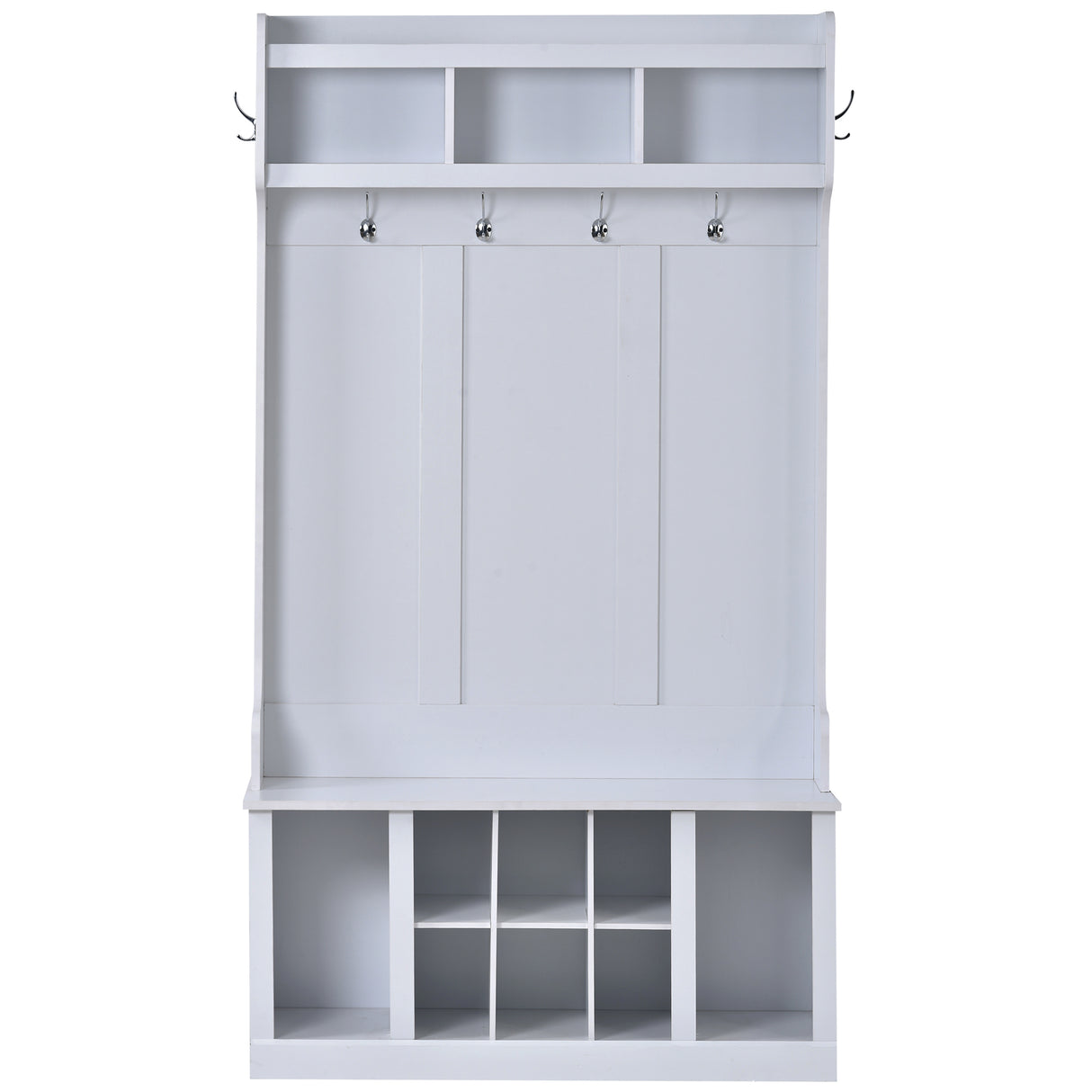 U-Can Hall Tree with 6 Hooks Coat Hanger Entryway Bench Storage Bench (White)