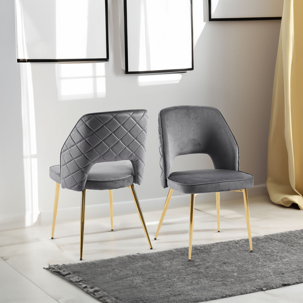 Gray Velvet Dining Chairs with Metal Legs and Hollow Back Upholstered Dining Chairs Set of 4 - V.I.P Digital Presence