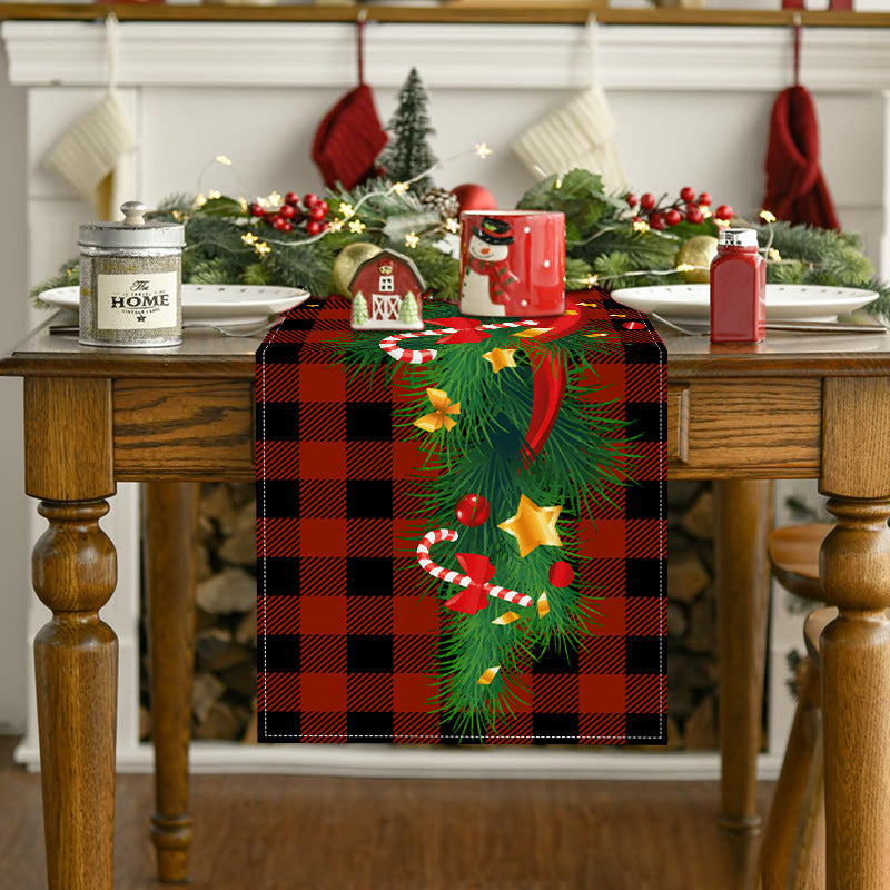 New Christmas table flag white linen bell printed tablecloth red and black checkered home decoration tablecloth pad - V.I.P Digital Presence