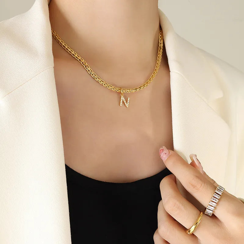 Brass Inlaid Zircon Letter Pendant Necklace - V.I.P Digital Presence