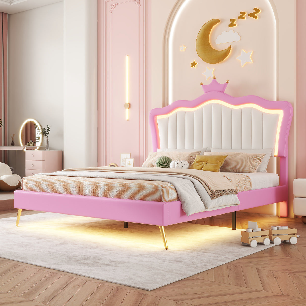 Full Size Upholstered Bed Frame with LED Lights, Modern Upholstered Princess Bed with Crown Headboard, Pink+White - V.I.P Digital Presence