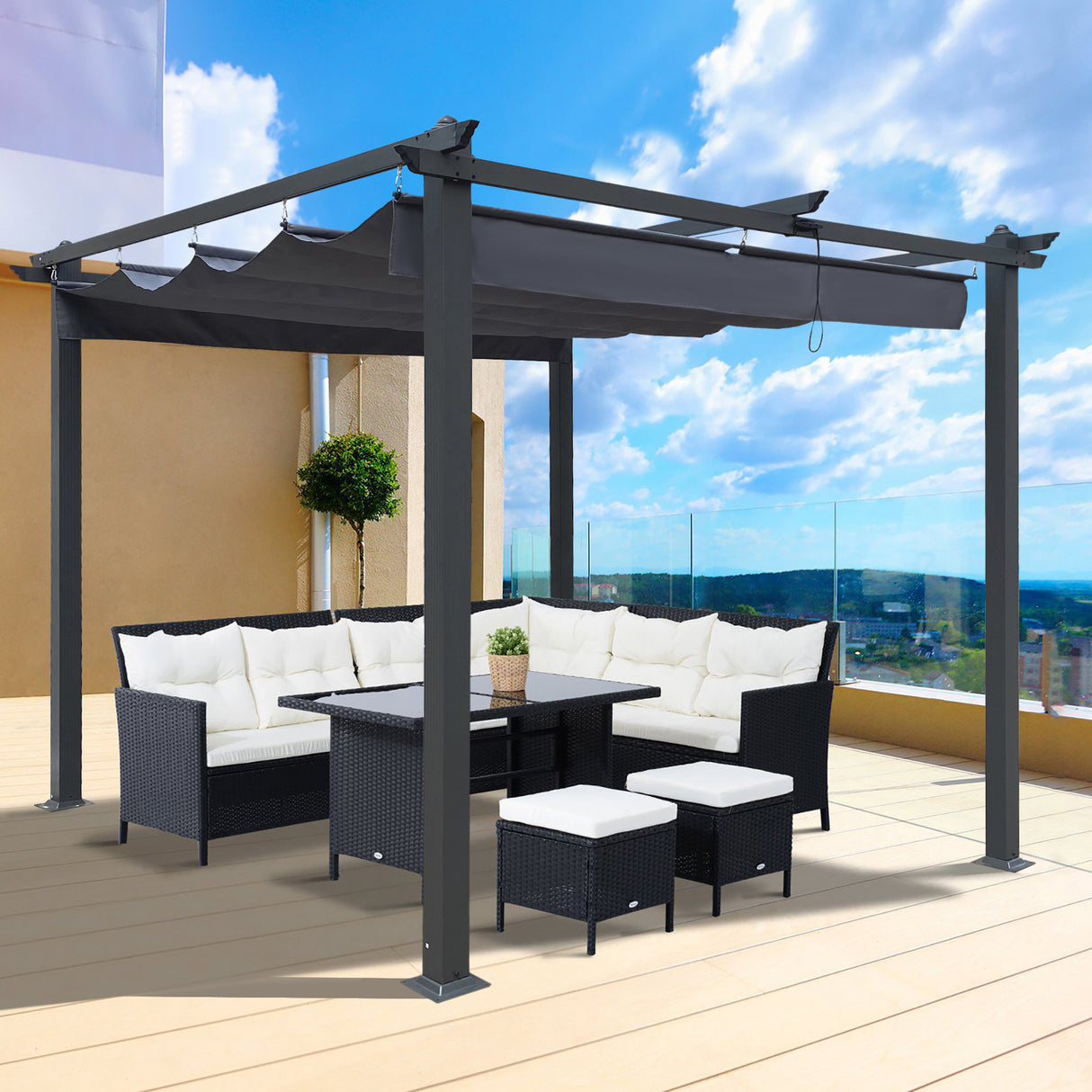 10x10 Ft Outdoor Patio Retractable Pergola With Canopy Sunshelter Pergola for Gardens,Terraces,Backyard,Gray - V.I.P Digital Presence