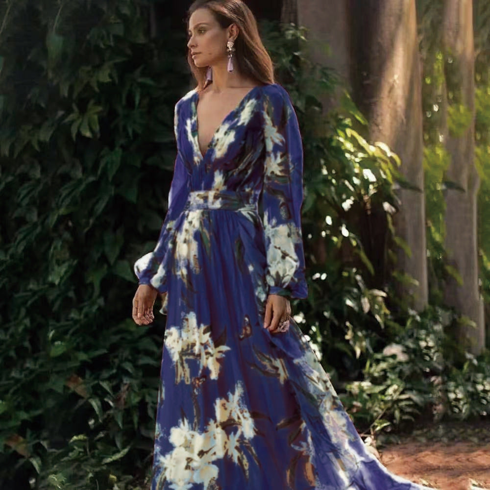 Winter New Style V-Neck Long Sleeve Four-Way Stretch Printed Flared Dress - V.I.P Digital Presence