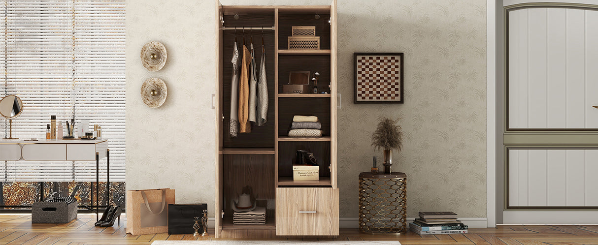 Wooden Wardrobe with Double Doors, Armoire with Hanging Rod, 5 Fixed Shelves, One Storage Drawer,Natural - V.I.P Digital Presence