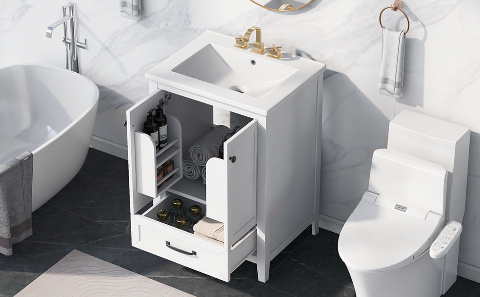 24" Bathroom Vanity with Sink, Bathroom Vanity Cabinet with One Drawer and Doors, Solid Wood and MDF, White - V.I.P Digital Presence