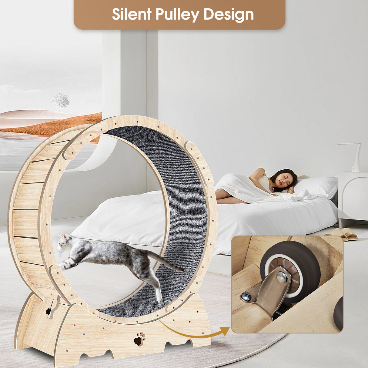 Cat Exercise Wheel for Indoor Cats, Cat Running Wheel with Carpeted Runway 37" Natural Wood Color - V.I.P Digital Presence