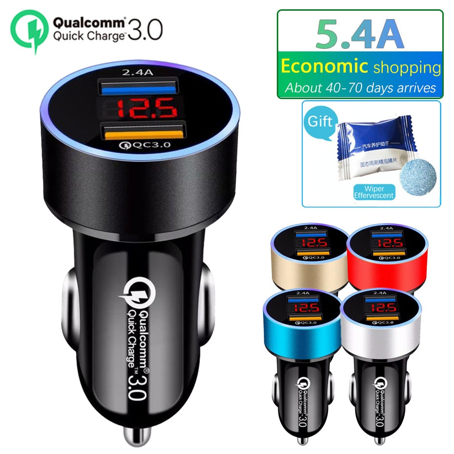 QC3.0+2.4A Dual USB Car Charger LCD Display 12-24V Cigarette Socket Lighter Fast Charger Power Auto USB Adapter Upgraded - V.I.P Digital Presence
