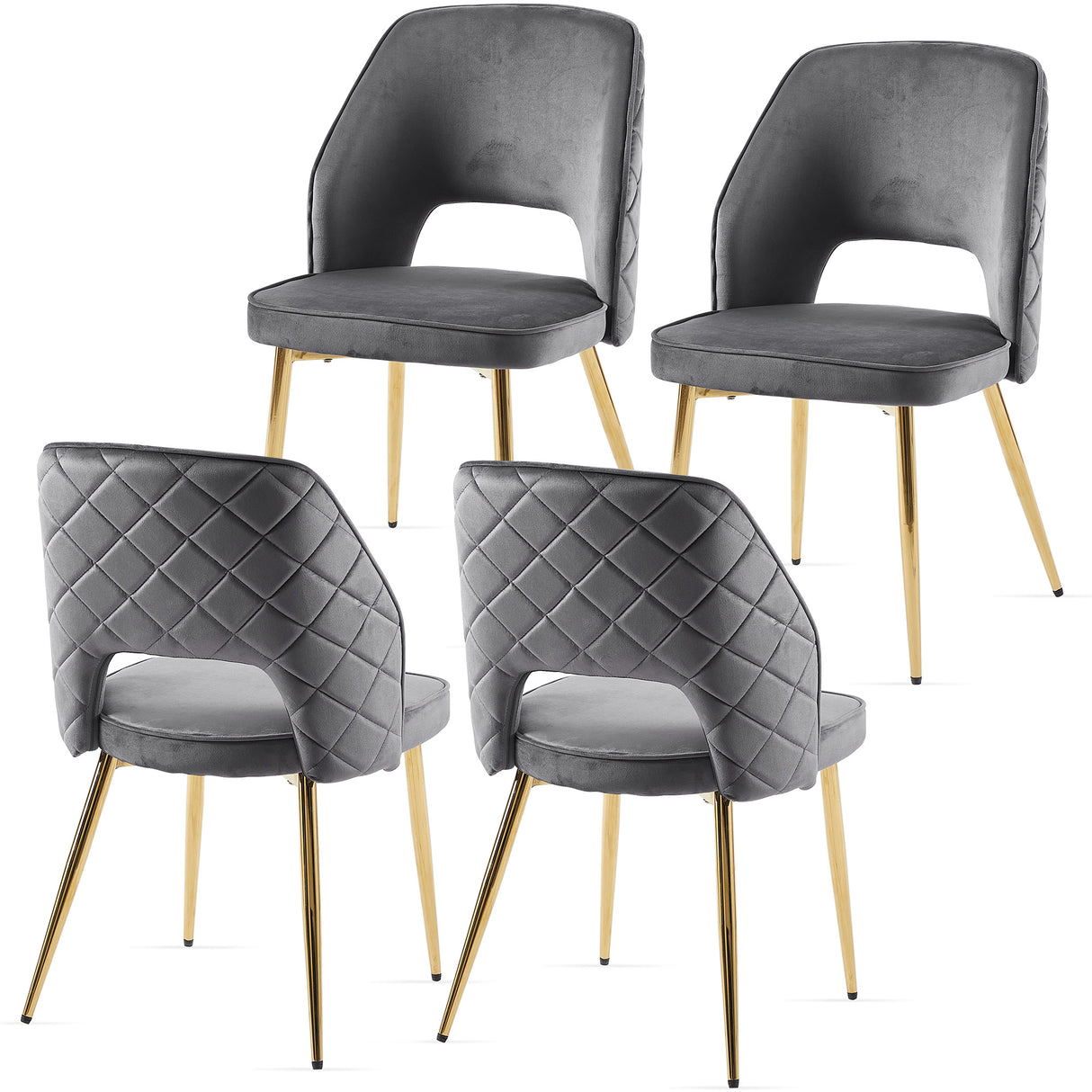 Gray Velvet Dining Chairs with Metal Legs and Hollow Back Upholstered Dining Chairs Set of 4 - V.I.P Digital Presence