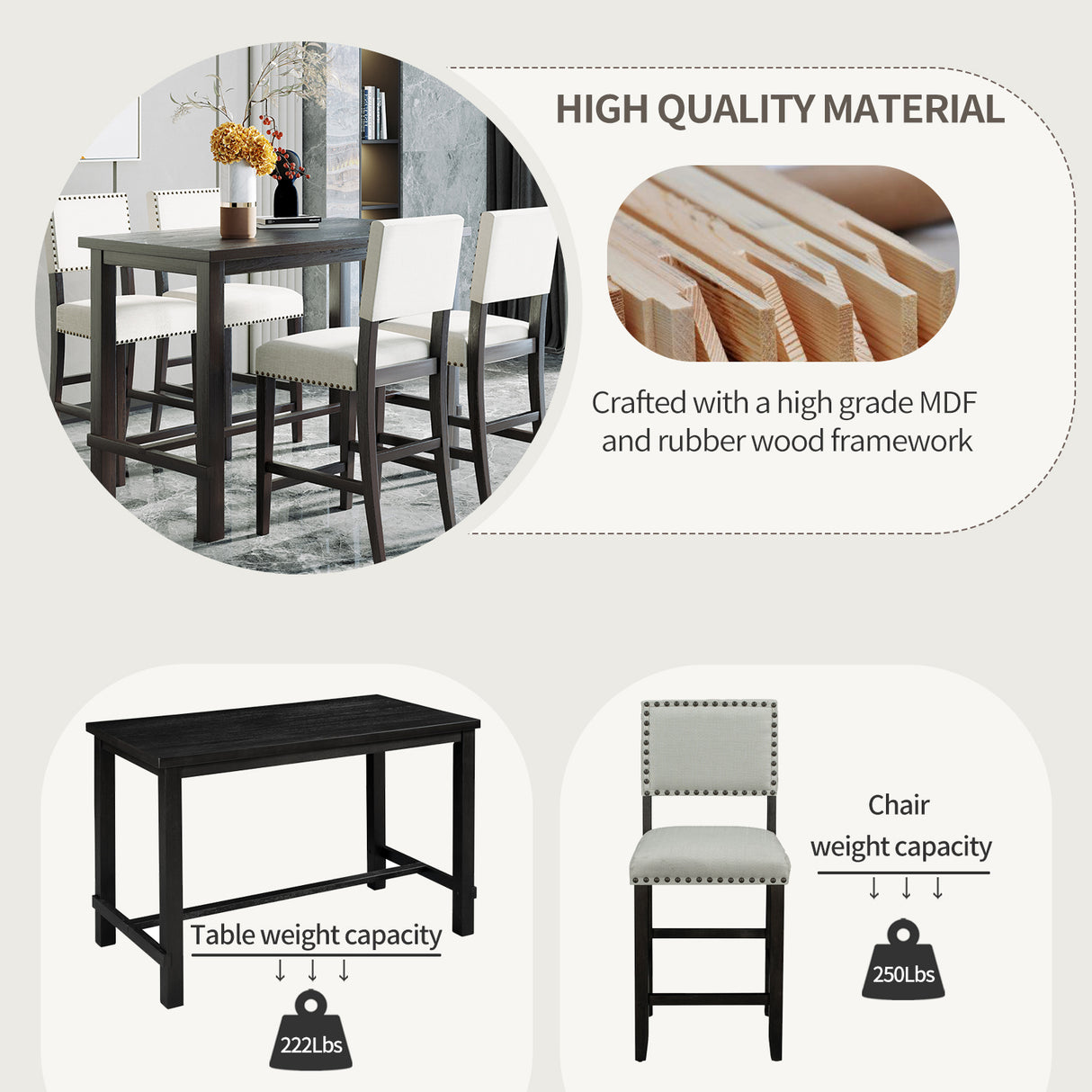 TREXM 5-Piece Counter Height Dining Set, Classic Elegant Table and 4 Chairs in Espresso and Beige - V.I.P Digital Presence