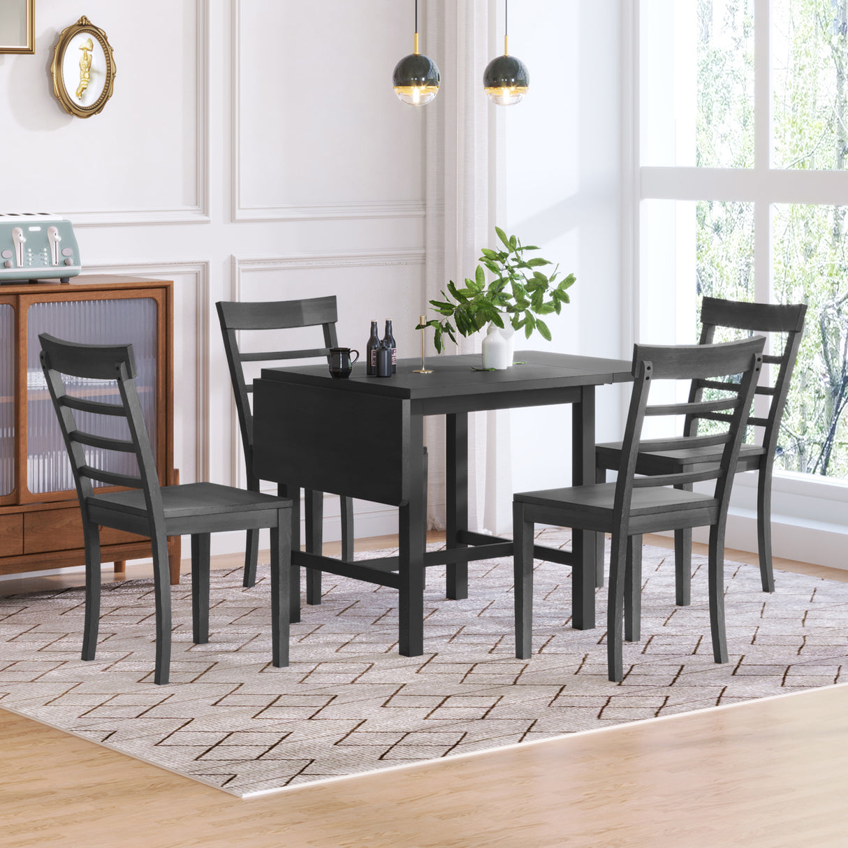 TOPMAX 5-piece square wooden pendant light expandable dining table set with 4 ladder back chairs Gray - V.I.P Digital Presence
