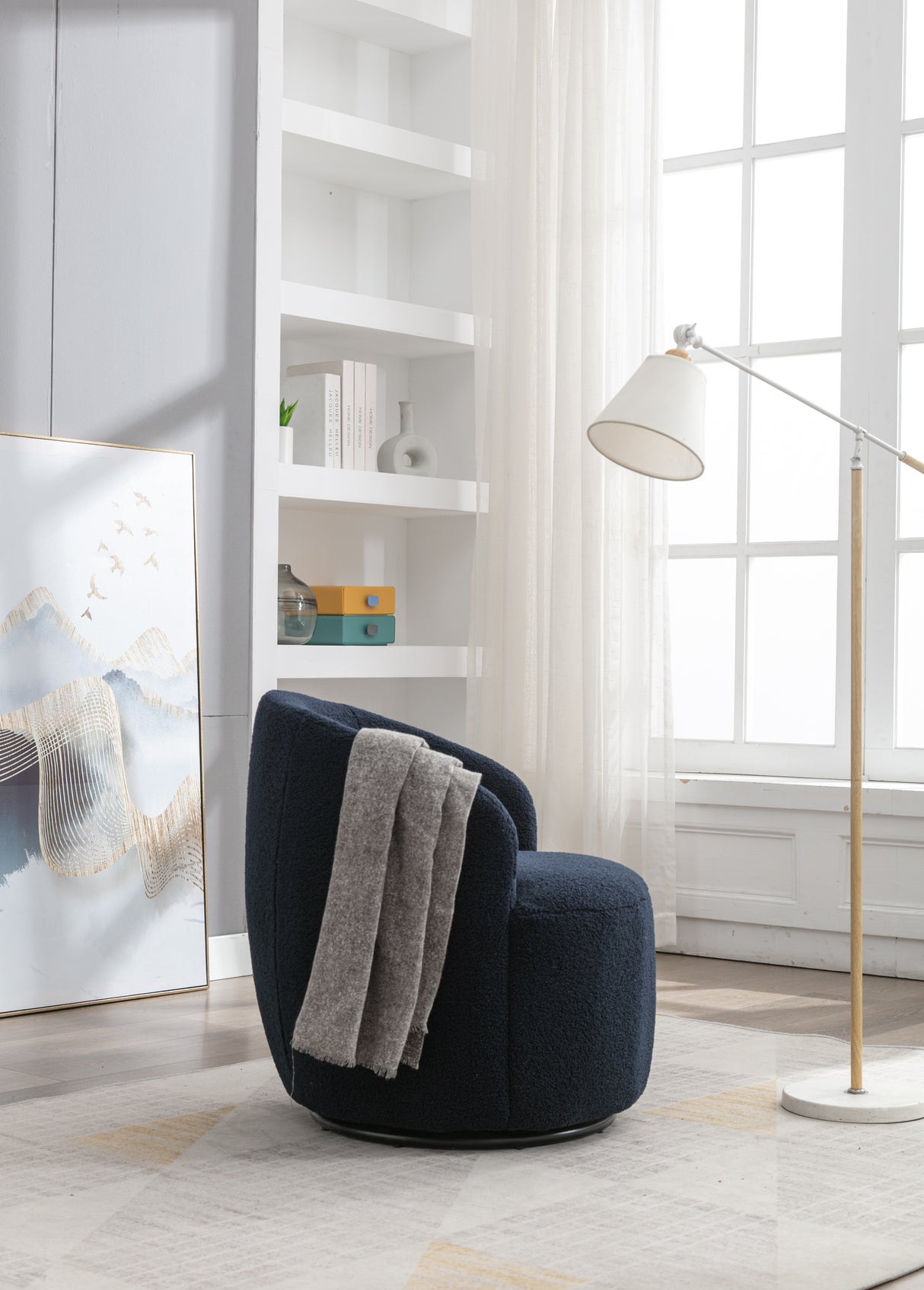 Teddy Fabric Swivel Accent Armchair Barrel Chair With Black Powder Coating Metal Ring Dark Blue - V.I.P Digital Presence