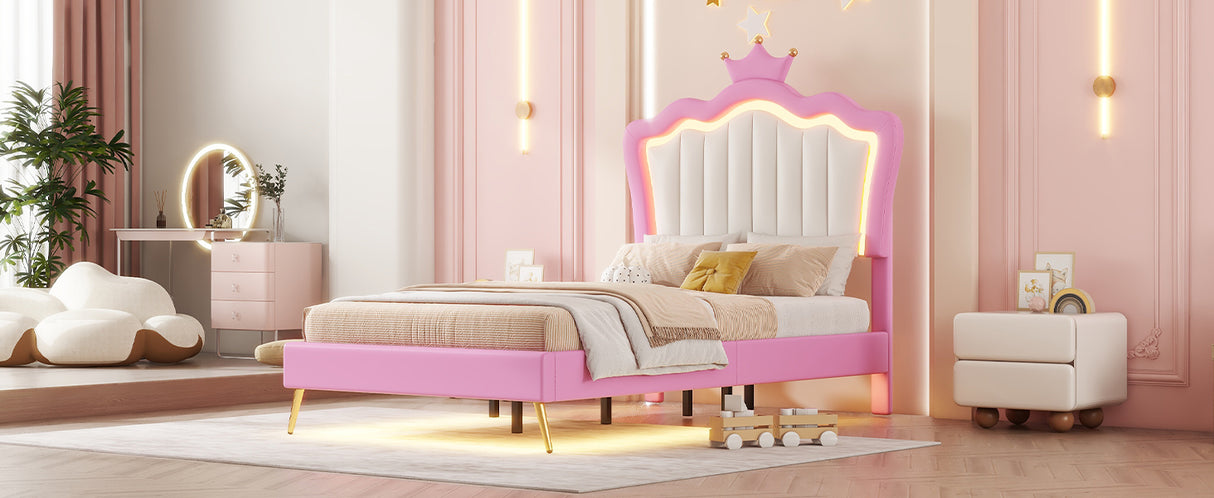 Twin Size Upholstered Bed Frame with LED Lights, Modern Upholstered Princess Bed with Crown Headboard, Pink+White - V.I.P Digital Presence