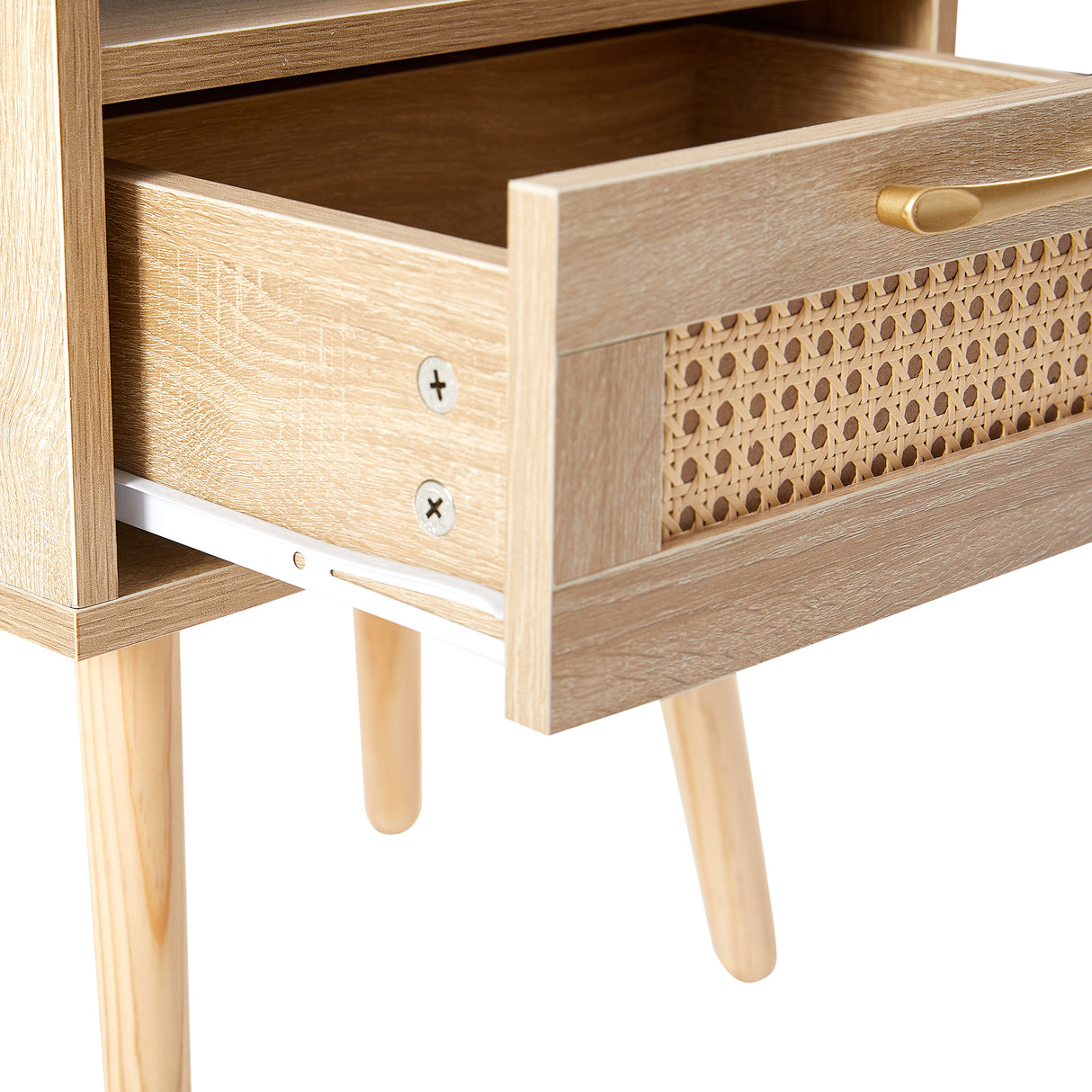 15.75" Rattan End table with Power Outlet & USB Ports Modern nightstand with drawer and solid wood legs - V.I.P Digital Presence