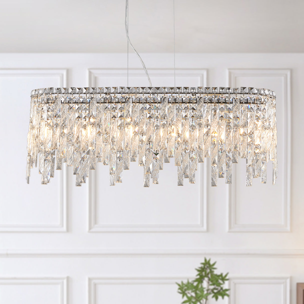 Silver elegant oval crystal pendant light, modern ceiling fixture with reflective suspended crystal (bulb not included) - V.I.P Digital Presence