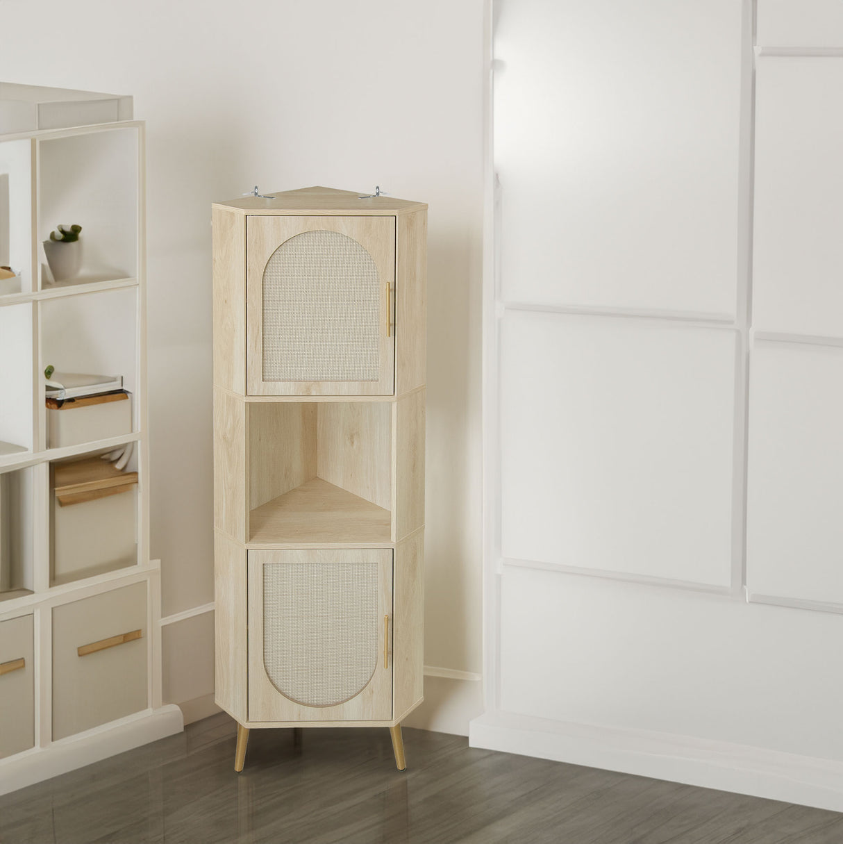 Corner cabinet ,Rattan door,Freestanding Corner Tables For Small Spaces, Corner Shelf Stand For Living Room, Kitchen, Bathroom - V.I.P Digital Presence