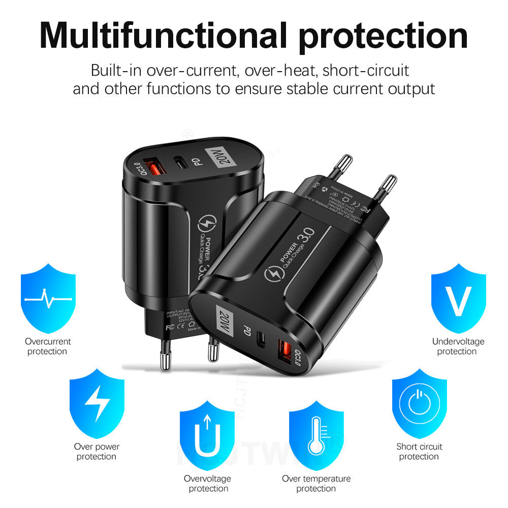 PD20W Mobile Fast Charging Charger 5V4A US, European, and British Standard Speed Matching Device PD+QC3.0 Travel Charging Head - V.I.P Digital Presence