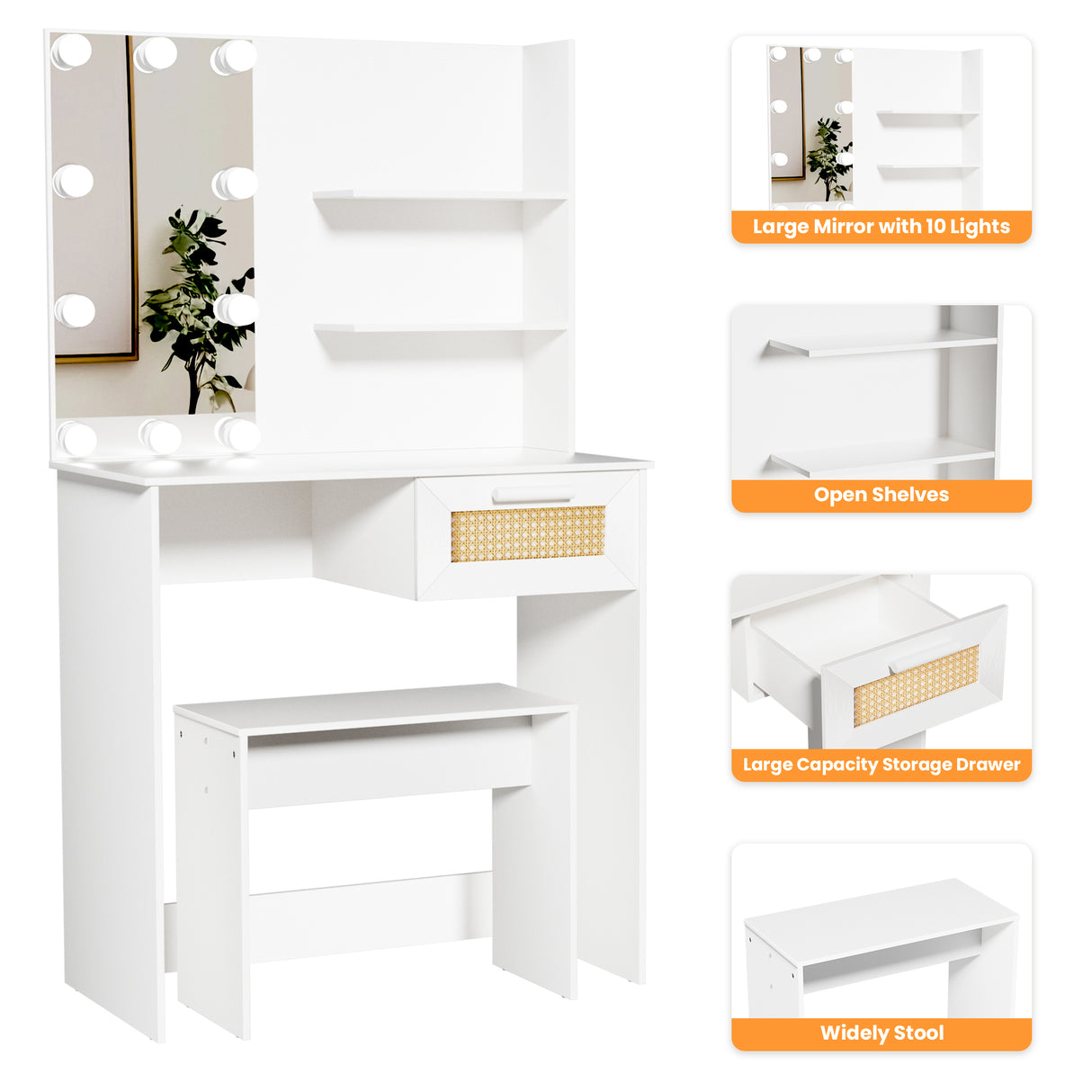 Vanity Desk Set Stool & Dressing Table with LED Lighting Mirror Drawer and Wood Cosmetic Table Chest of Drawers White Color - V.I.P Digital Presence